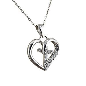 925 Sterling Silver CZ Cross Crucifix Christian Heart Love Faith 17” Necklace